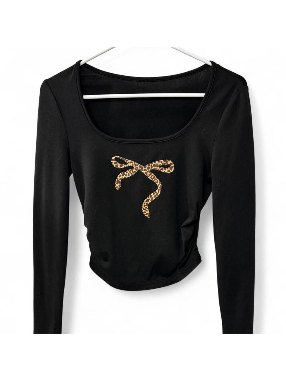 SHEIN Black Long Sleeve Crop Top with Leopard Bow XS